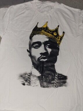 White Graphic Men’s T-Shirt with Gold Crown On Tupac